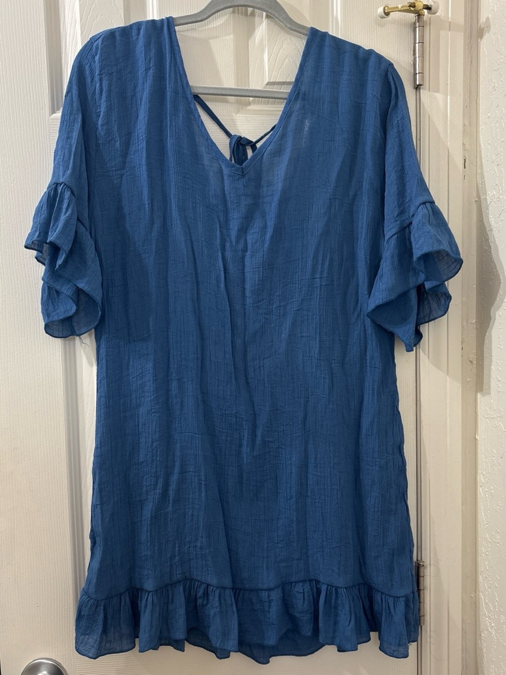 Relaxed Blue V-Neck Ruffle Swim Coverup with Tie Back